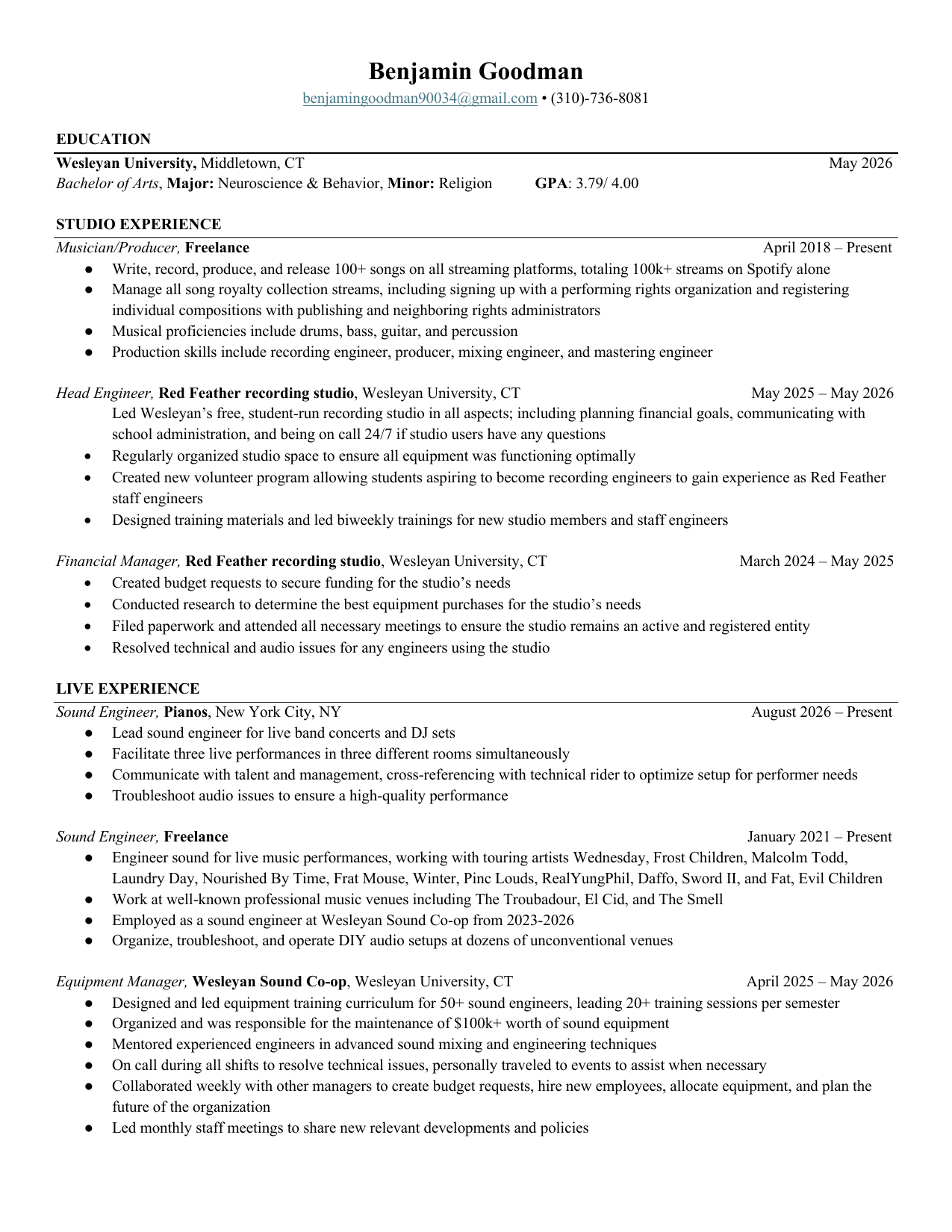 Benjamin Goodman resume, page 1 of 1